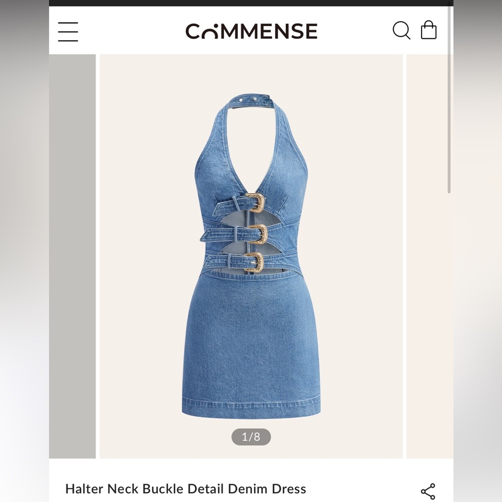 Commense Denim Halter Mini Dress with Buckle Accents